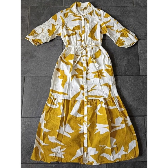 Naoo Dresses & Skirts - Boho Resortwear 100% Cotton Mustard Yellow White Abstract Maxi Shirtdress S